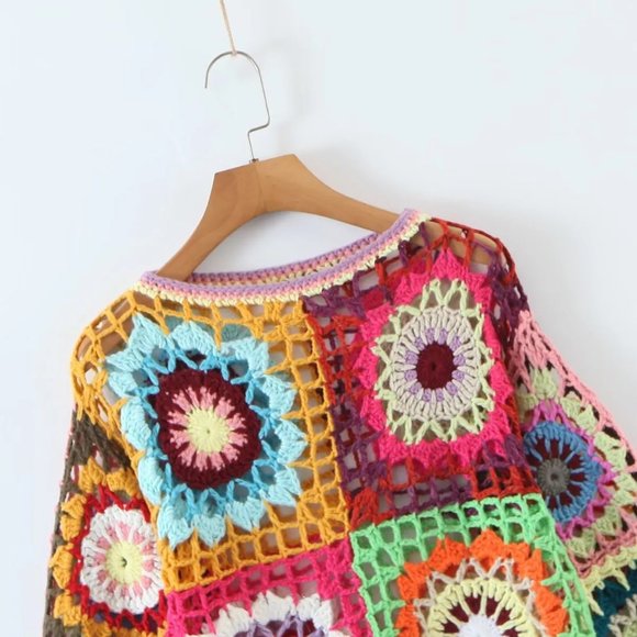 Bohemian Handmade Crochet Granny Square Long Sleeve Crew Neck Cute Summer Tops - Picture 2 of 5